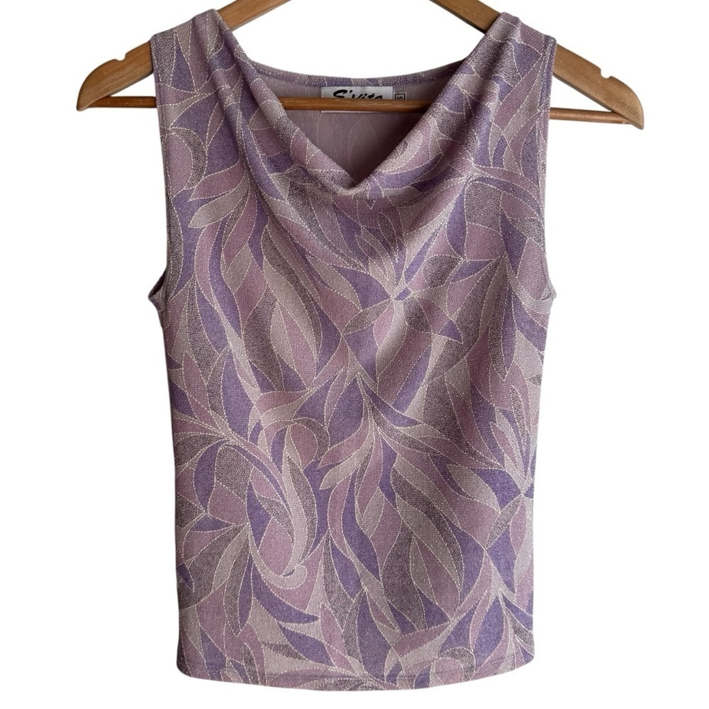 Sleeveless Cowl Neck Women's Top - Lavender Floral Sparkle